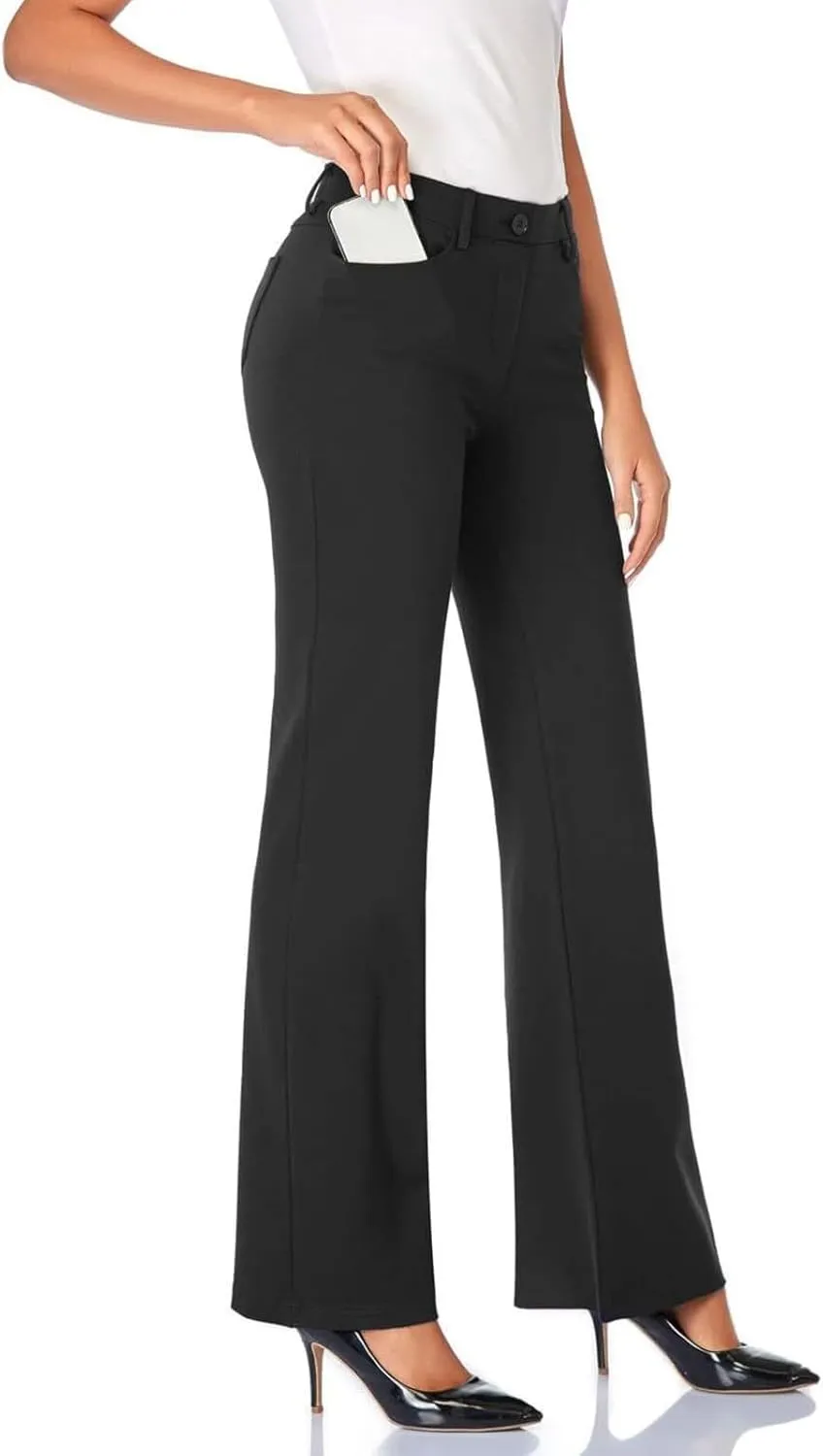 Bootcut Dress Pants Women Stretchy Work Business Office Casual Pull On Elastic Waist Trousers Slacks with Pockets