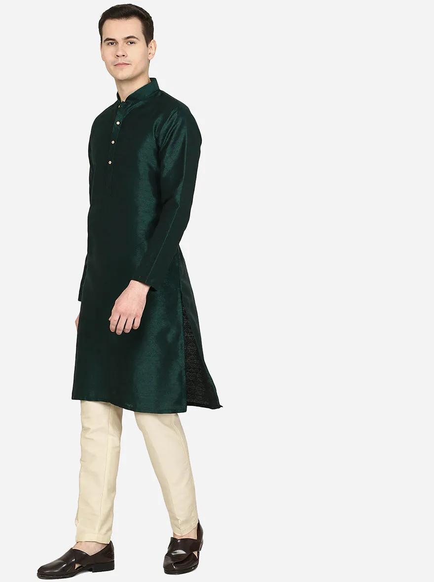 Bottle Green Printed Silk Blend Kurta | The Kurta Company