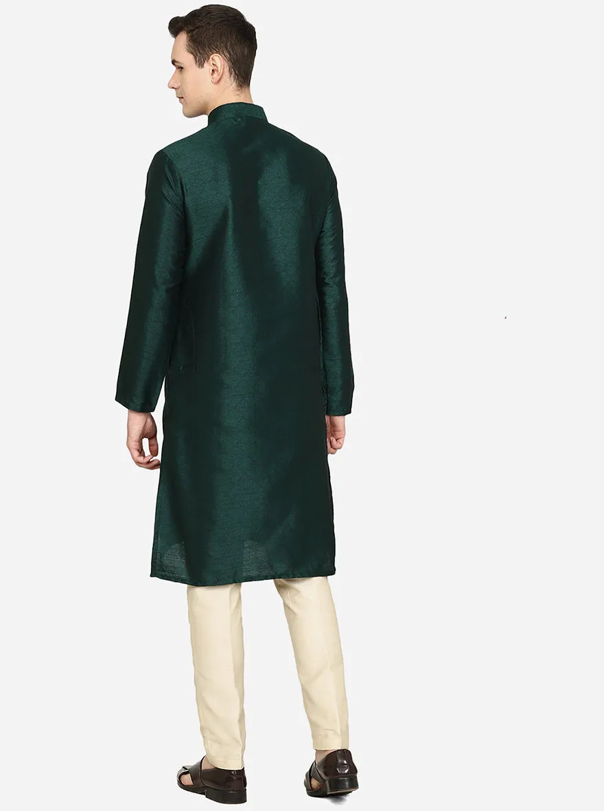 Bottle Green Printed Silk Blend Kurta | The Kurta Company
