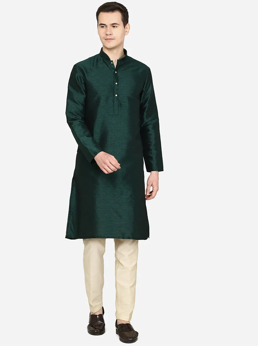 Bottle Green Printed Silk Blend Kurta | The Kurta Company