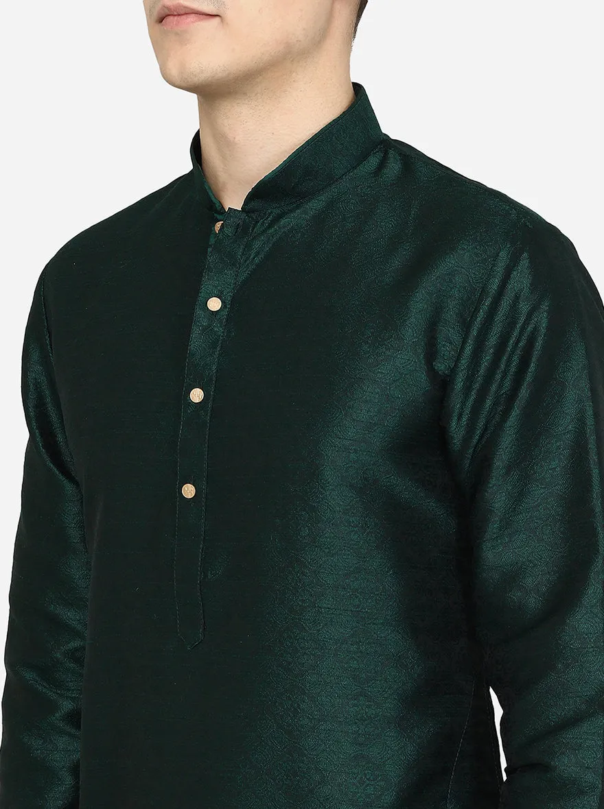 Bottle Green Printed Silk Blend Kurta | The Kurta Company