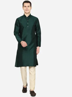 Bottle Green Printed Silk Blend Kurta | The Kurta Company
