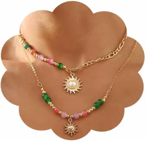 Bounzhi Boho Colorful Beaded Choker Necklaces Sun Layered Pendent Necklaces Beach Handmade Necklace Chain for Women, Gold
