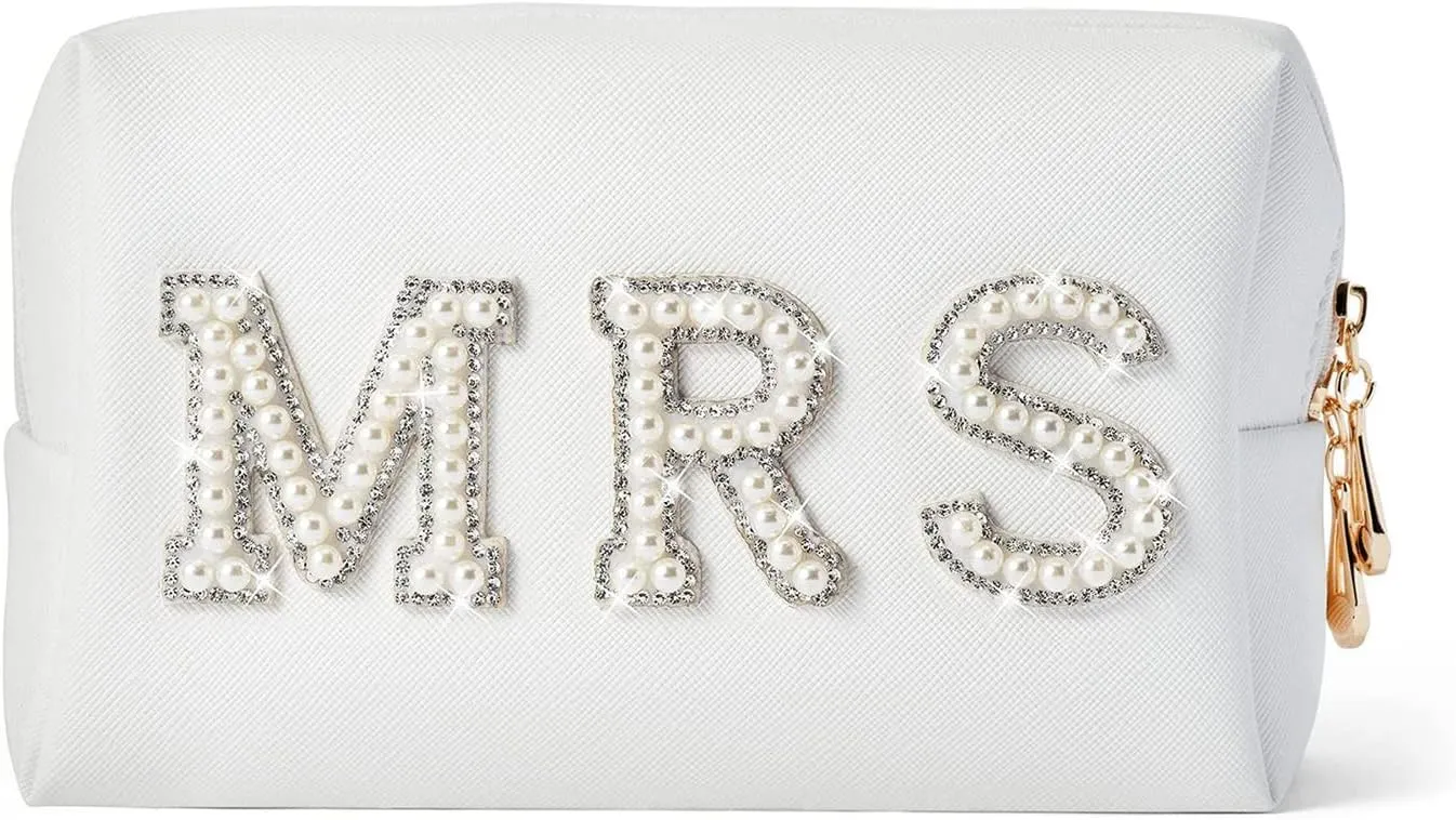 Bride Makeup Bag,Bride Bag MRS White Makeup Bag,Pearl Letter Patch Cosmetic Bag,Toiletry Bag Skincare Bag PU Leather Makeup Bag Zipper Purse,Bride to be Gifts,Bride Gifts,Engagement Gifts for Women