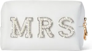 Bride Makeup Bag,Bride Bag MRS White Makeup Bag,Pearl Letter Patch Cosmetic Bag,Toiletry Bag Skincare Bag PU Leather Makeup Bag Zipper Purse,Bride to be Gifts,Bride Gifts,Engagement Gifts for Women