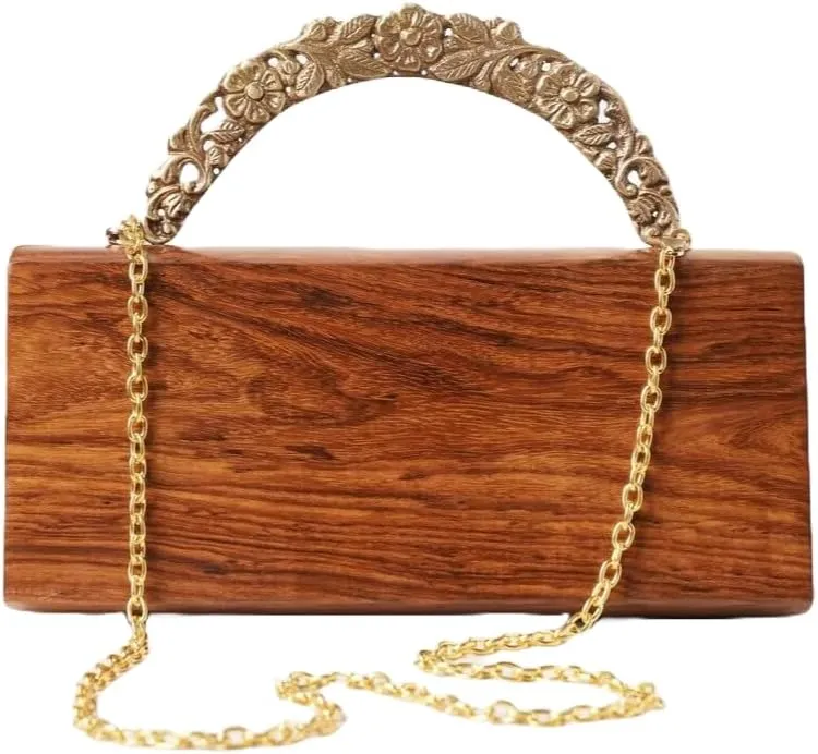 Brown Handcrafted Wooden Clutch - Rectangular Handbag - Evening Clutch Purse with Embellished Golden Handle
