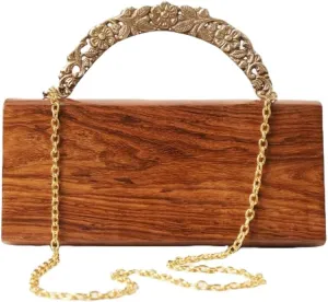 Brown Handcrafted Wooden Clutch - Rectangular Handbag - Evening Clutch Purse with Embellished Golden Handle