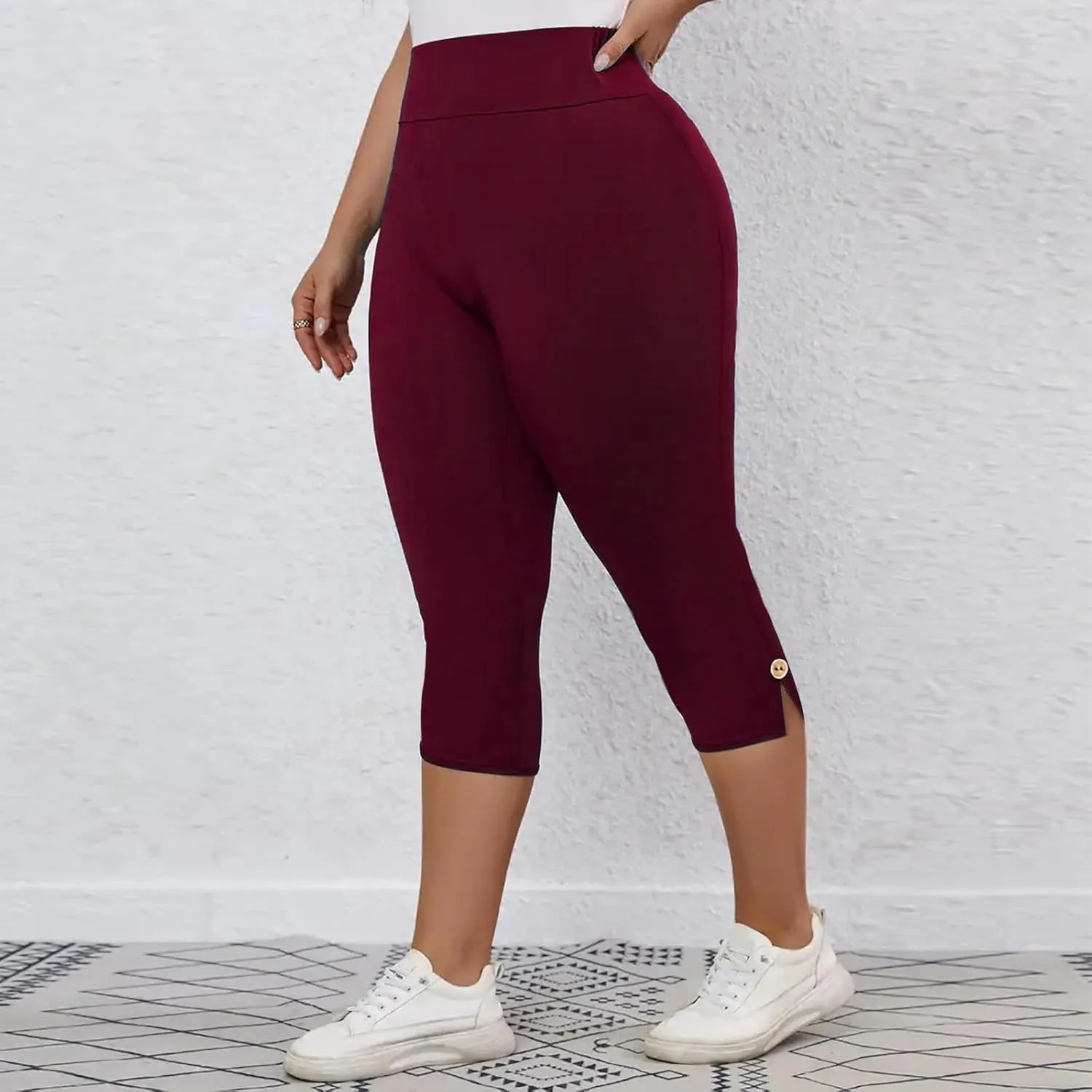 CAITS Women High Waist Cropped Pants Tight Yoga Leggings Stretch 3/4 Pant Elasticated Waist Trouser Slim Sweatpant Plus Size