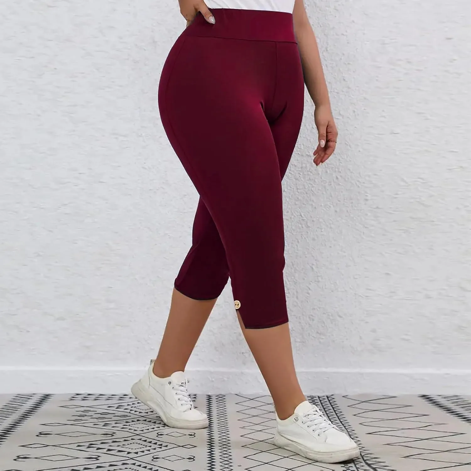CAITS Women High Waist Cropped Pants Tight Yoga Leggings Stretch 3/4 Pant Elasticated Waist Trouser Slim Sweatpant Plus Size