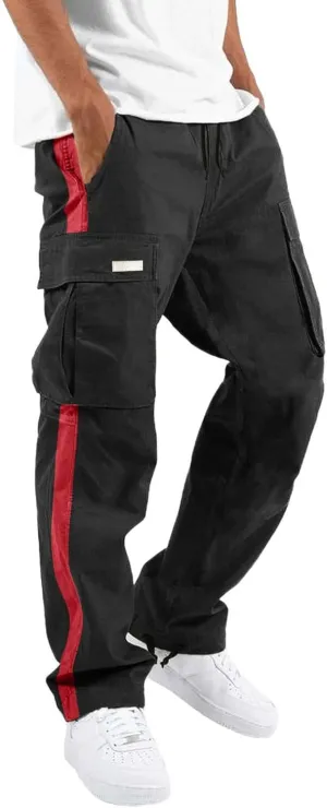 Cargo Pants for Men Baggy Casual Pants for Men False Zipper Pockets Low Rise Jogging Pants Straight Leg Elastic Waist