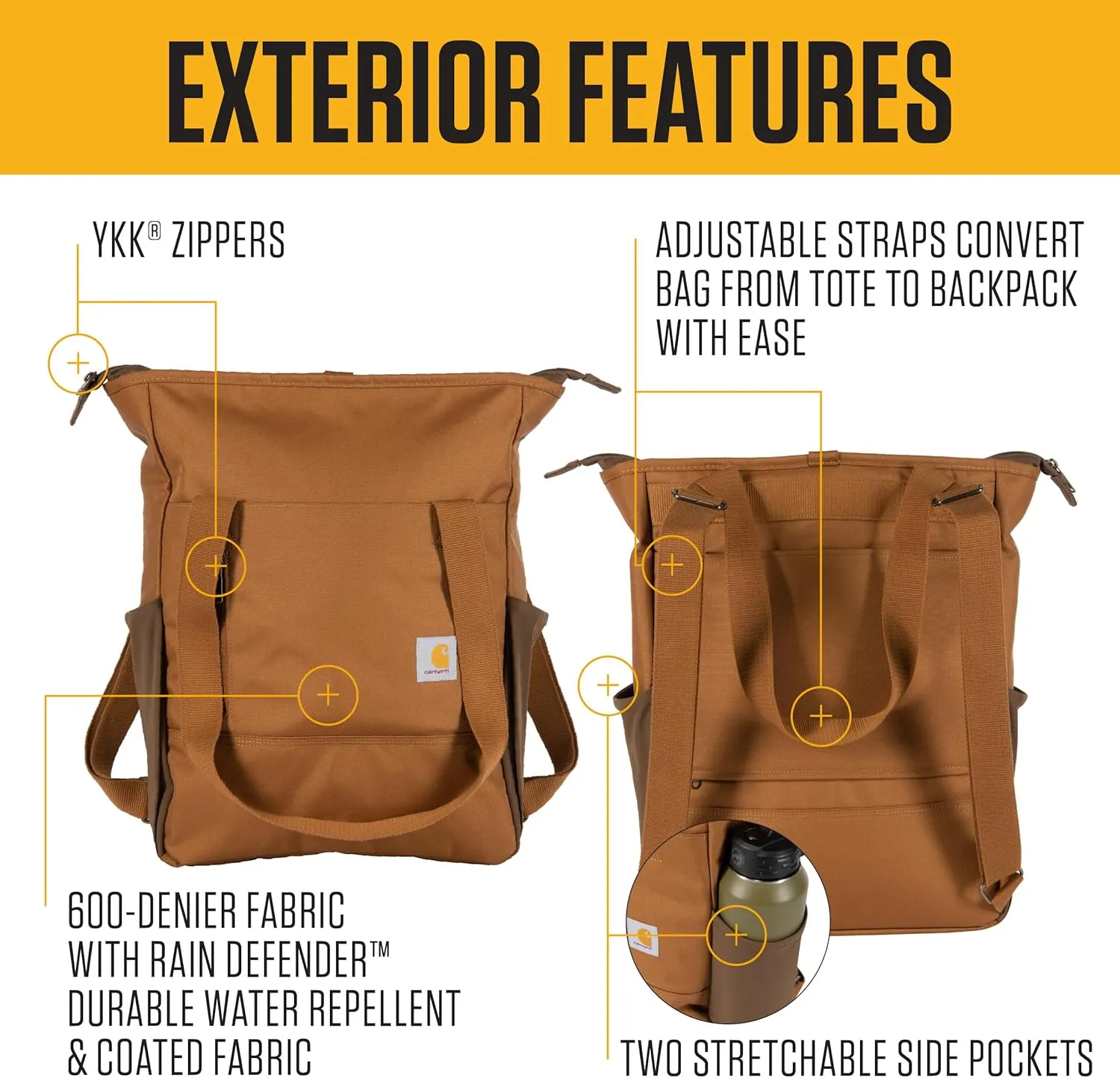 Carhartt Classic Convertible Backpack Tote, Durable Water Repellent Material W/ 17" Laptop Sleeve, Port, One Size