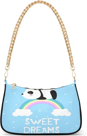 Cartoon Panda Rainbow Sweet Dream Shoulder Handbags for Women Travel Hobo Tote Handbag Women Gold Chain Shoulder Bags Purse with Zipper Closure