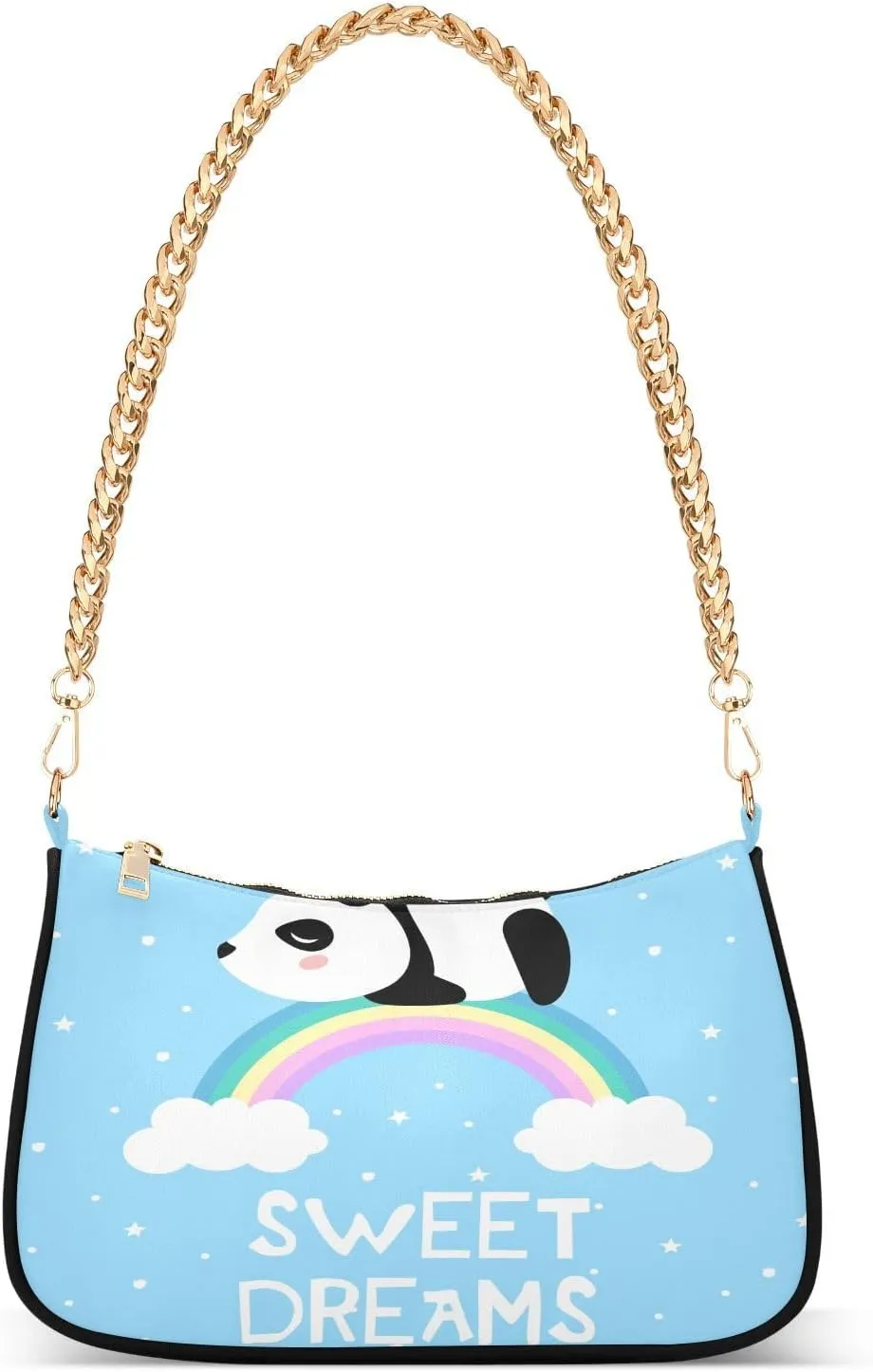 Cartoon Panda Rainbow Sweet Dream Shoulder Handbags for Women Travel Hobo Tote Handbag Women Gold Chain Shoulder Bags Purse with Zipper Closure