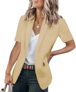 Casual Blazer for Women Short Sleeve Blazers Summer Dressy Office Jackets Lapel One Button Open Front Jacket Cardigan