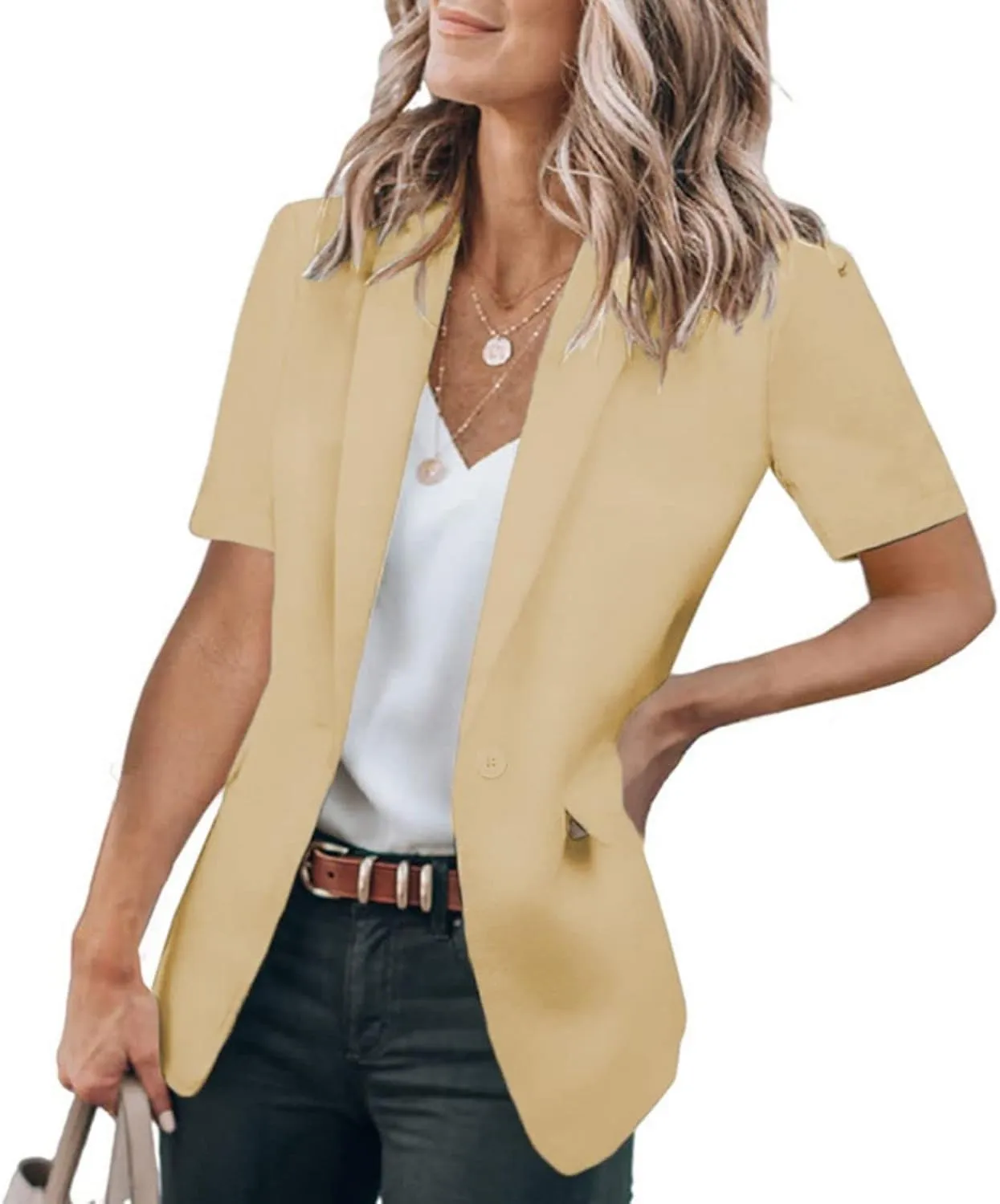 Casual Blazer for Women Short Sleeve Blazers Summer Dressy Office Jackets Lapel One Button Open Front Jacket Cardigan