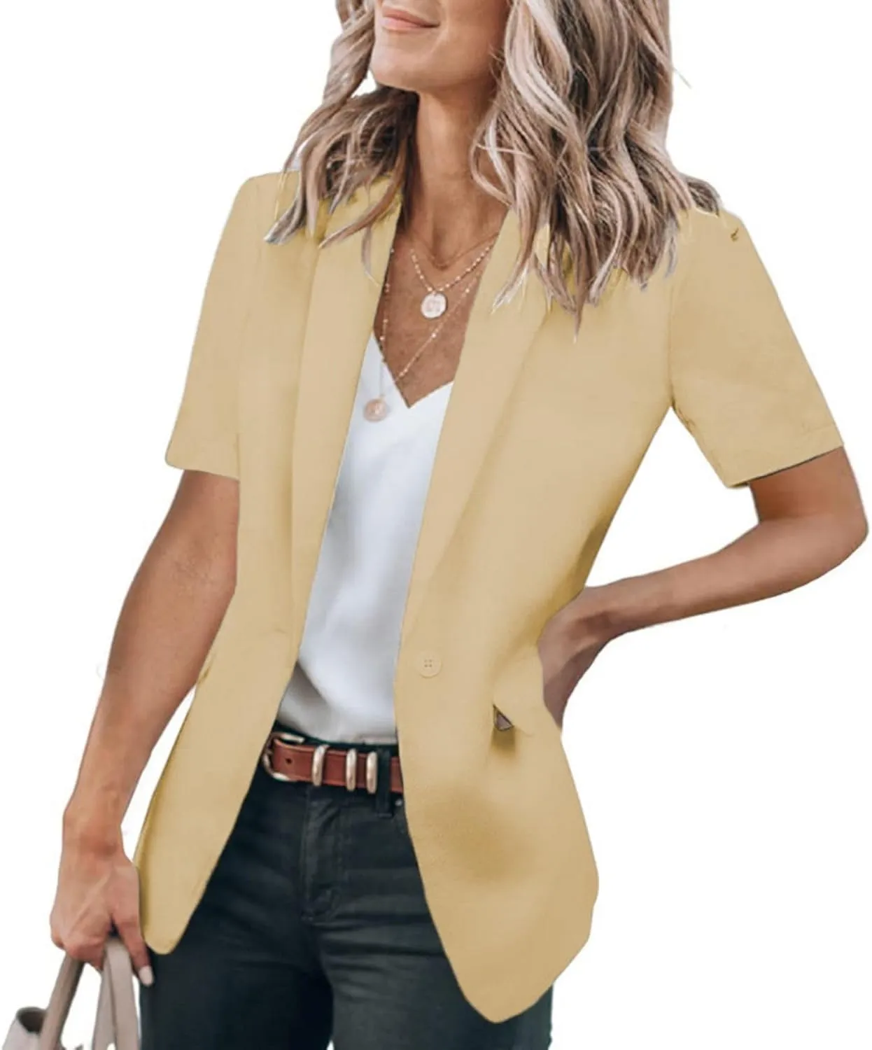 Casual Blazer for Women Short Sleeve Blazers Summer Dressy Office Jackets Lapel One Button Open Front Jacket Cardigan