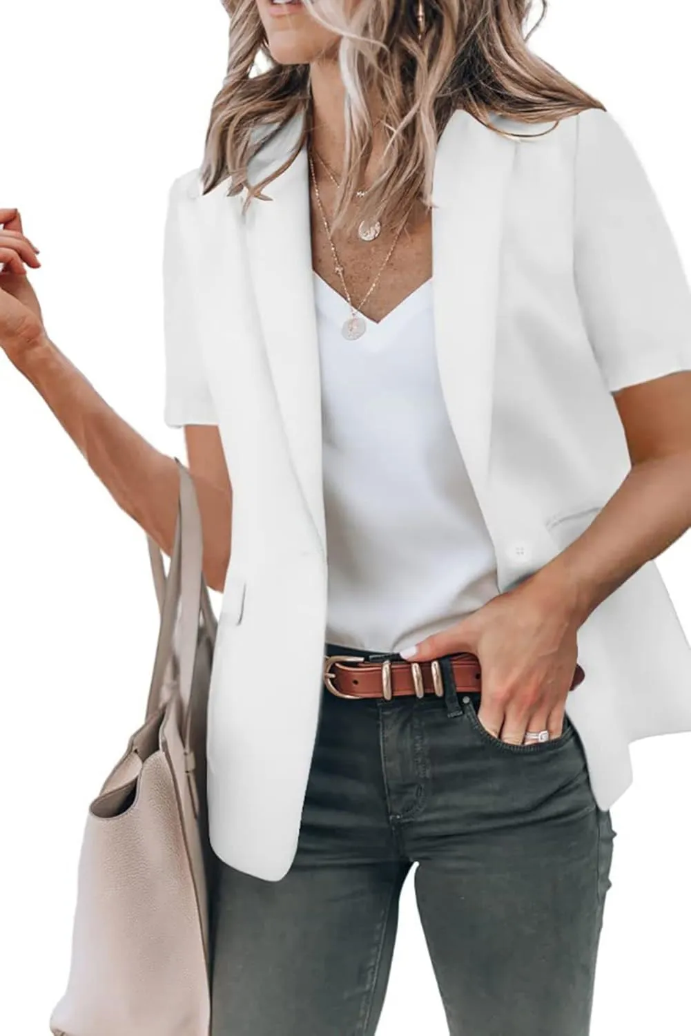 Casual Blazer for Women Short Sleeve Blazers Summer Dressy Office Jackets Lapel One Button Open Front Jacket Cardigan
