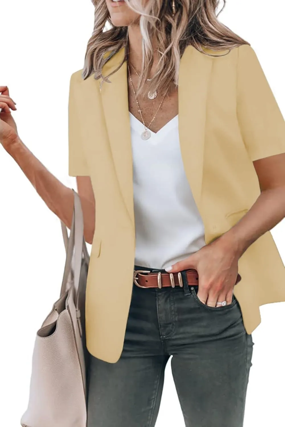 Casual Blazer for Women Short Sleeve Blazers Summer Dressy Office Jackets Lapel One Button Open Front Jacket Cardigan
