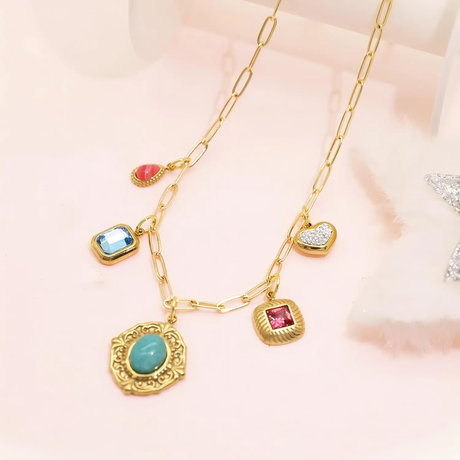 Chunky Retro Heart Necklace for Women Antique Layer Beach Ocean Moon Stars Western Boho Charm Necklaces Retro Link Chain Jewelry