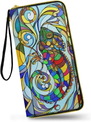 Color Art Chameleon Zipper Wallets for Women Mosaic Colorful Lizard Long Trifold Clutch Wallets, Animals Large Capacity Purse with Credit Card Slots
