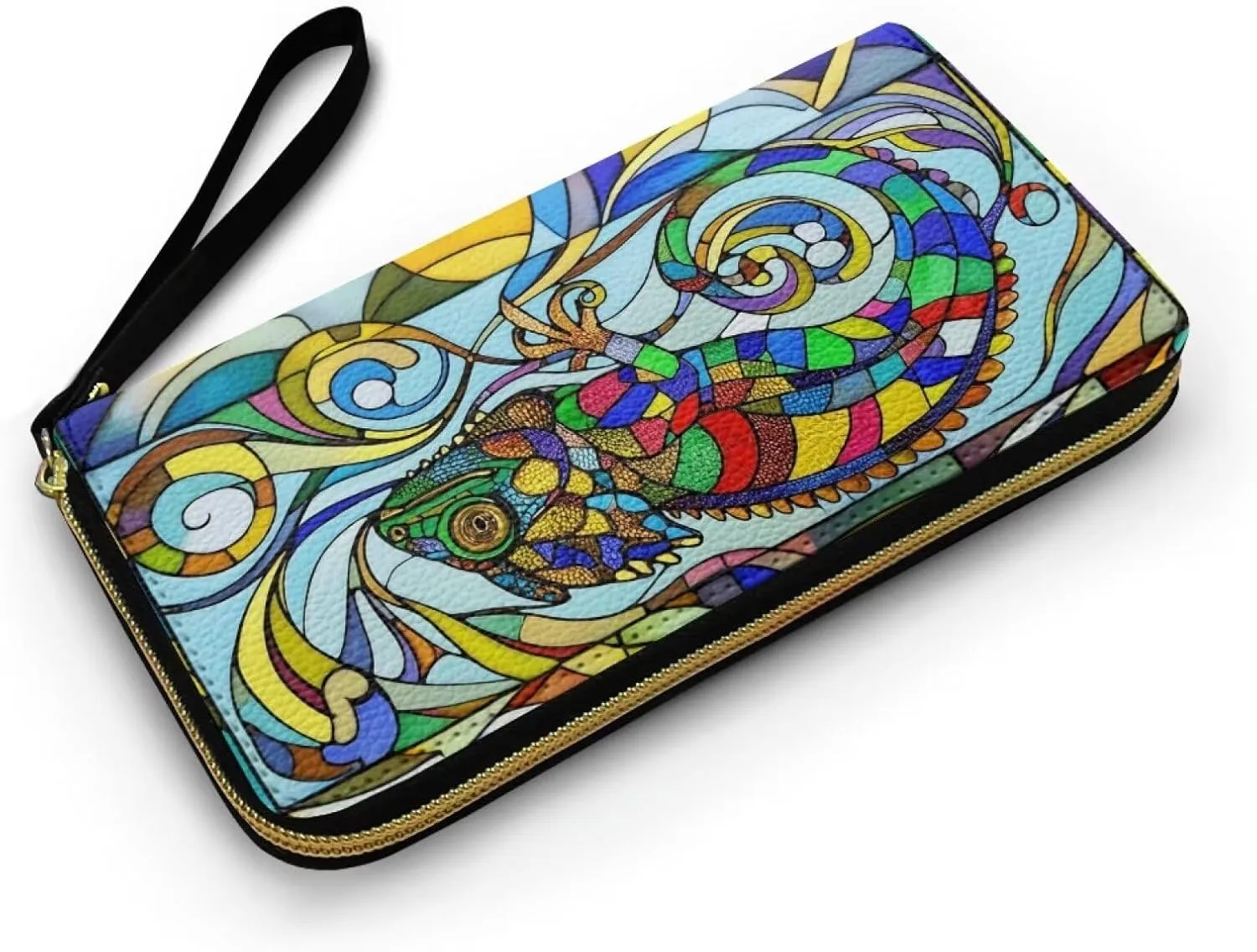 Color Art Chameleon Zipper Wallets for Women Mosaic Colorful Lizard Long Trifold Clutch Wallets, Animals Large Capacity Purse with Credit Card Slots