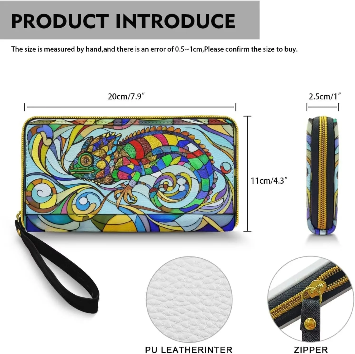 Color Art Chameleon Zipper Wallets for Women Mosaic Colorful Lizard Long Trifold Clutch Wallets, Animals Large Capacity Purse with Credit Card Slots