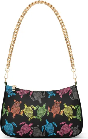 Colorful Sea Turtle Black Shoulder Handbags for Women Travel Hobo Tote Handbag Women Gold Chain Shoulder Bags Purse with Zipper Closure