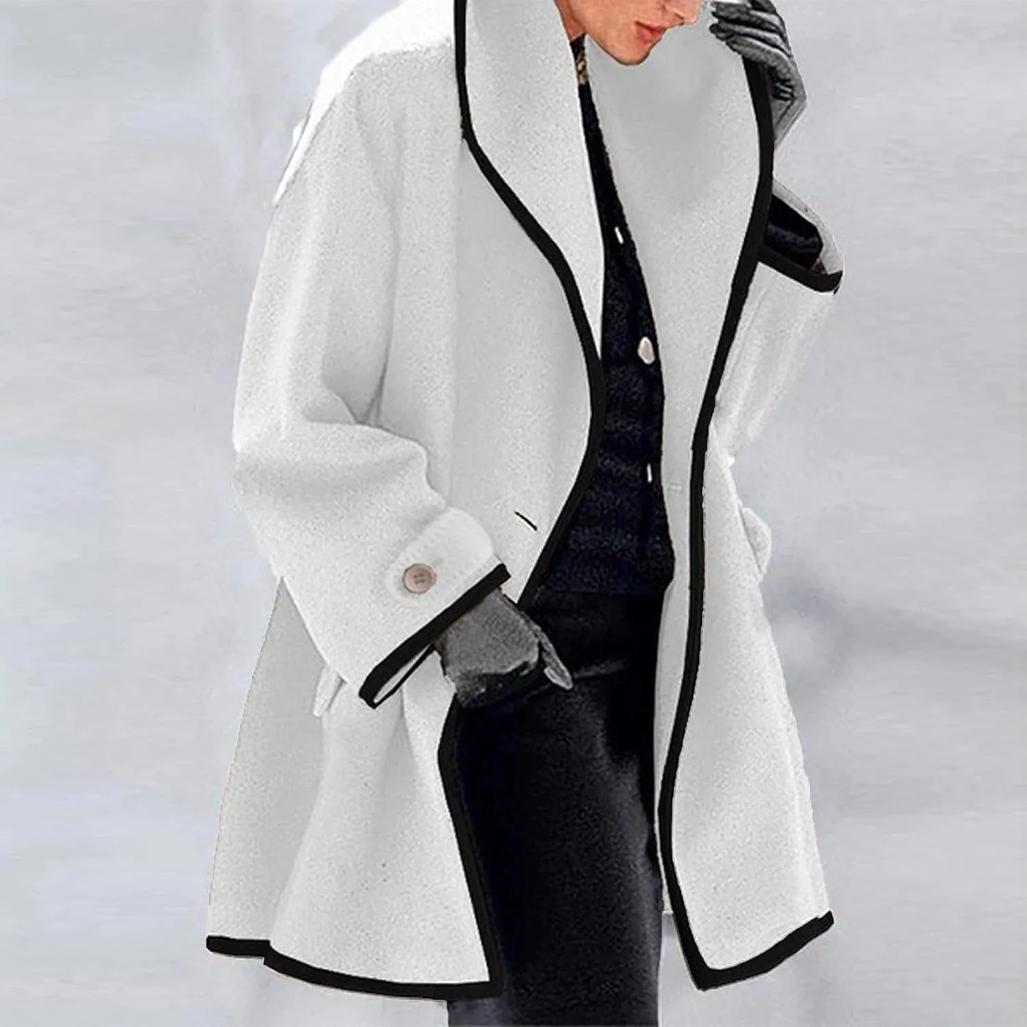 cooki Trench Coat for Women 2023 Hooded Woolen Long Sleeve Loose Pea Coat Lapel Windproof Winter Warm Fleece Jackets Overcoat