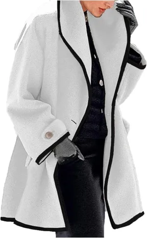 cooki Trench Coat for Women 2023 Hooded Woolen Long Sleeve Loose Pea Coat Lapel Windproof Winter Warm Fleece Jackets Overcoat