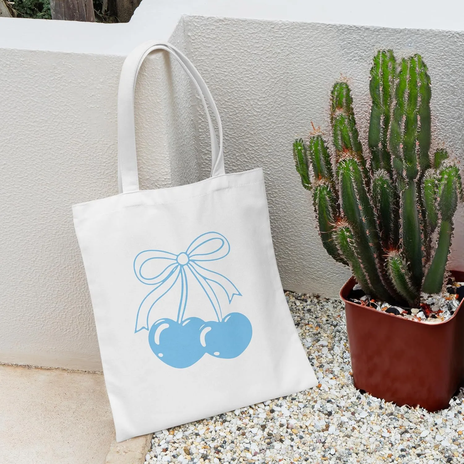 Coquette Blue Bow Tote Bag,Preppy Lucky You Cherry Canvas Tote Bag,Trendy Gifts for Women,Reusable Grocery Shopping Bags