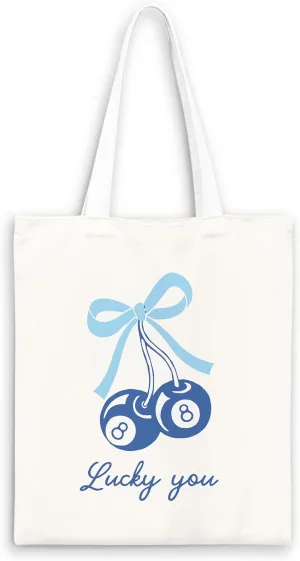 Coquette Blue Bow Tote Bag,Preppy Lucky You Cherry Canvas Tote Bag,Trendy Gifts for Women,Reusable Grocery Shopping Bags
