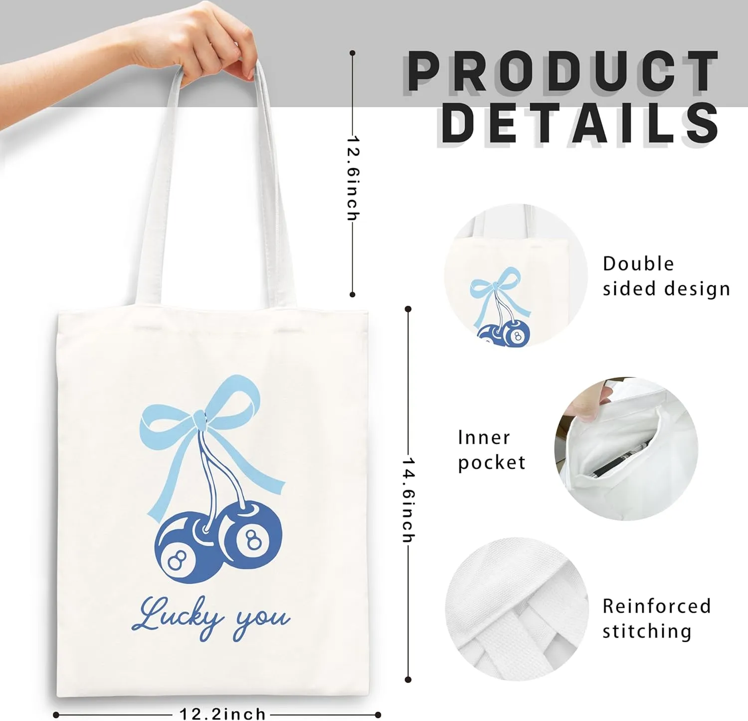 Coquette Blue Bow Tote Bag,Preppy Lucky You Cherry Canvas Tote Bag,Trendy Gifts for Women,Reusable Grocery Shopping Bags