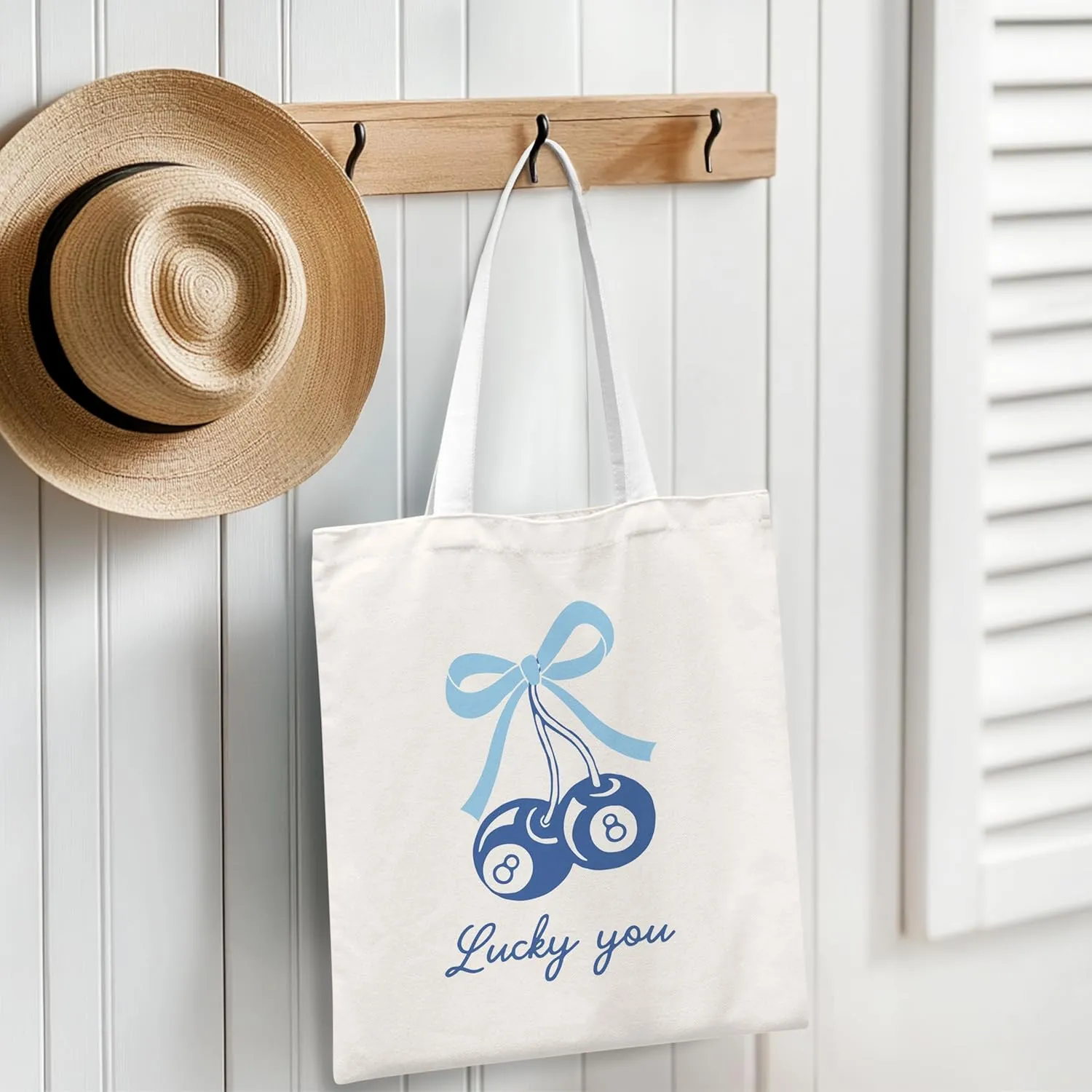 Coquette Blue Bow Tote Bag,Preppy Lucky You Cherry Canvas Tote Bag,Trendy Gifts for Women,Reusable Grocery Shopping Bags