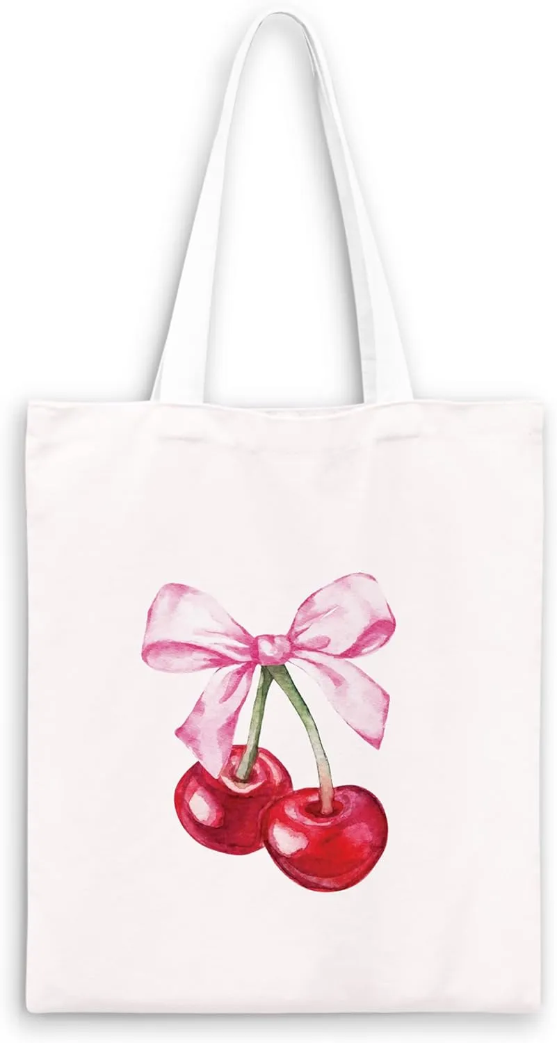 Coquette Blue Bow Tote Bag,Preppy Lucky You Cherry Canvas Tote Bag,Trendy Gifts for Women,Reusable Grocery Shopping Bags