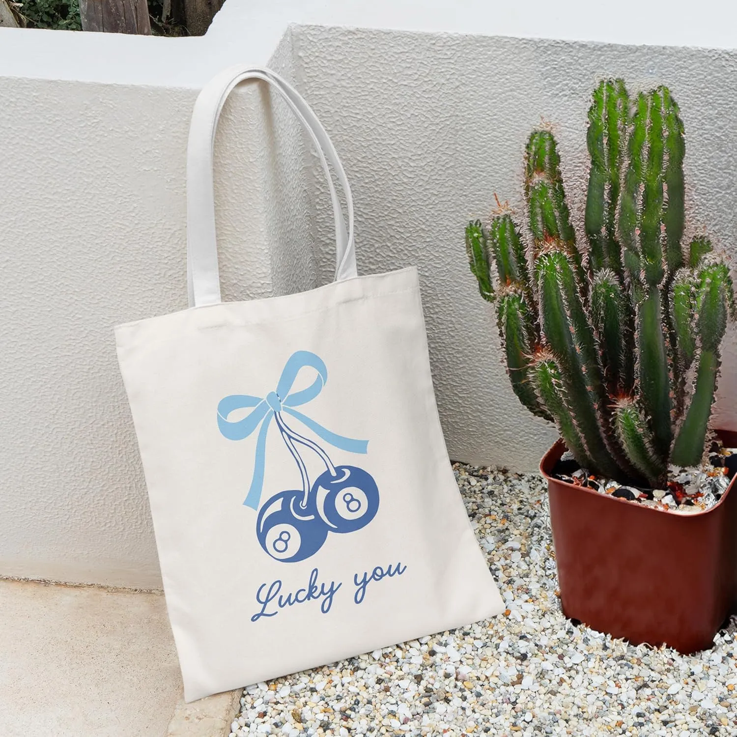 Coquette Blue Bow Tote Bag,Preppy Lucky You Cherry Canvas Tote Bag,Trendy Gifts for Women,Reusable Grocery Shopping Bags