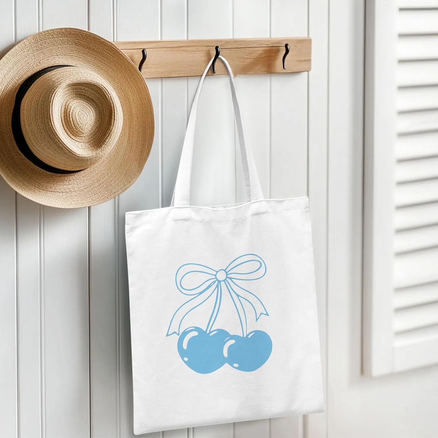 Coquette Blue Bow Tote Bag,Preppy Lucky You Cherry Canvas Tote Bag,Trendy Gifts for Women,Reusable Grocery Shopping Bags