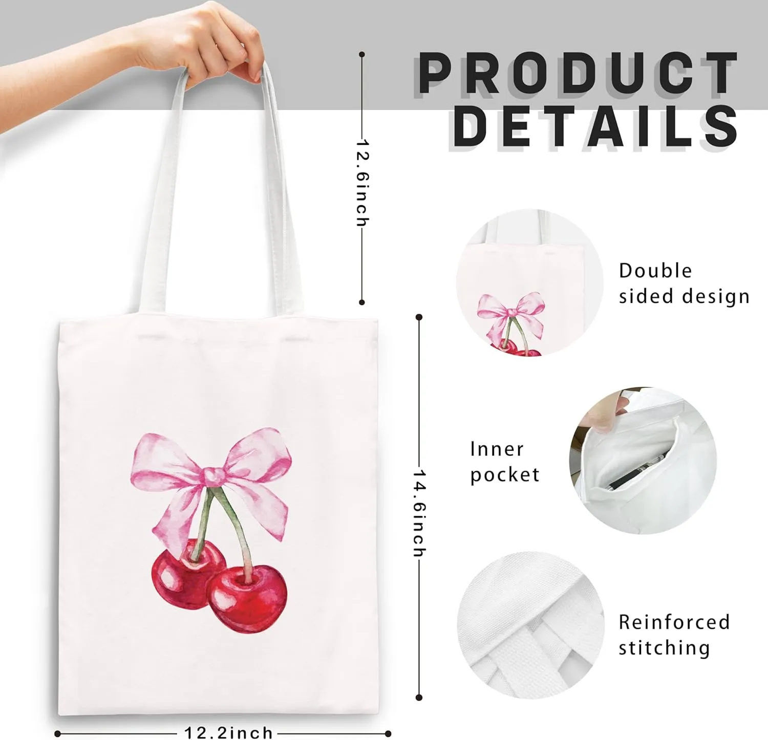 Coquette Blue Bow Tote Bag,Preppy Lucky You Cherry Canvas Tote Bag,Trendy Gifts for Women,Reusable Grocery Shopping Bags