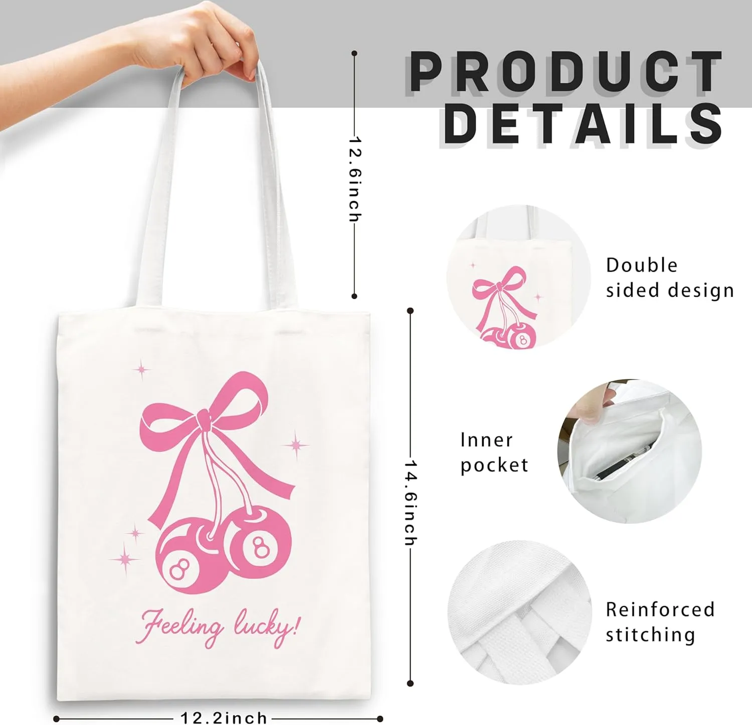 Coquette Blue Bow Tote Bag,Preppy Lucky You Cherry Canvas Tote Bag,Trendy Gifts for Women,Reusable Grocery Shopping Bags
