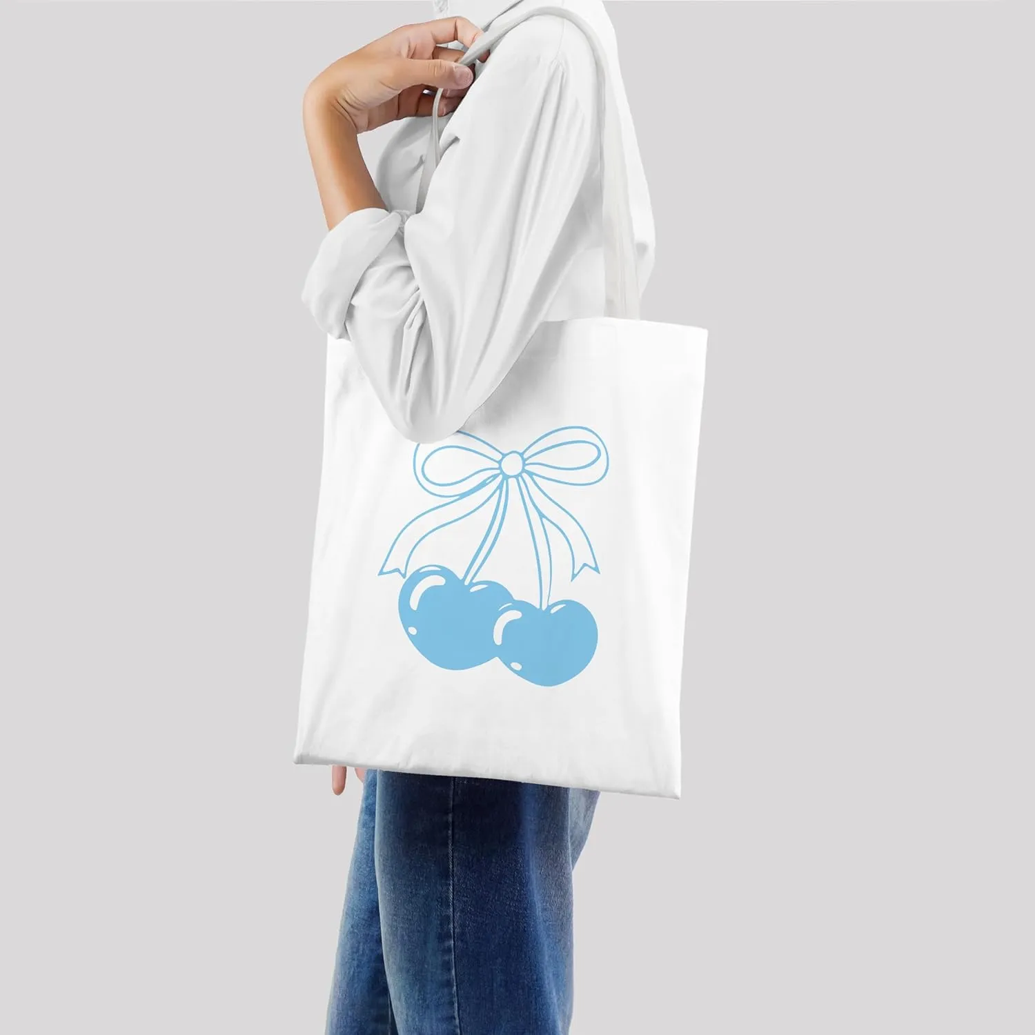 Coquette Blue Bow Tote Bag,Preppy Lucky You Cherry Canvas Tote Bag,Trendy Gifts for Women,Reusable Grocery Shopping Bags