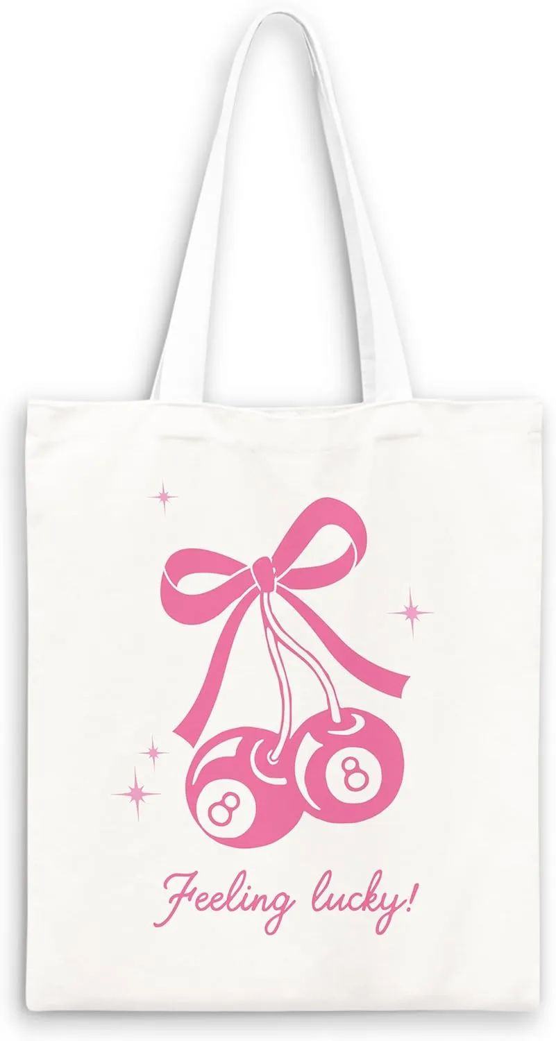 Coquette Blue Bow Tote Bag,Preppy Lucky You Cherry Canvas Tote Bag,Trendy Gifts for Women,Reusable Grocery Shopping Bags