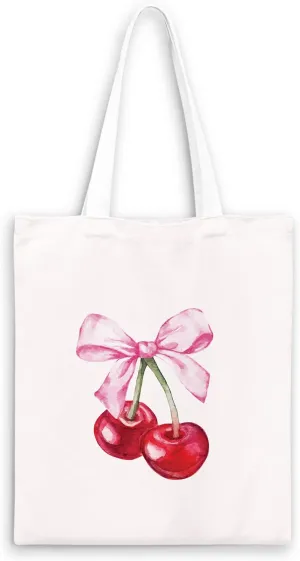 Coquette Blue Bow Tote Bag,Preppy Lucky You Cherry Canvas Tote Bag,Trendy Gifts for Women,Reusable Grocery Shopping Bags