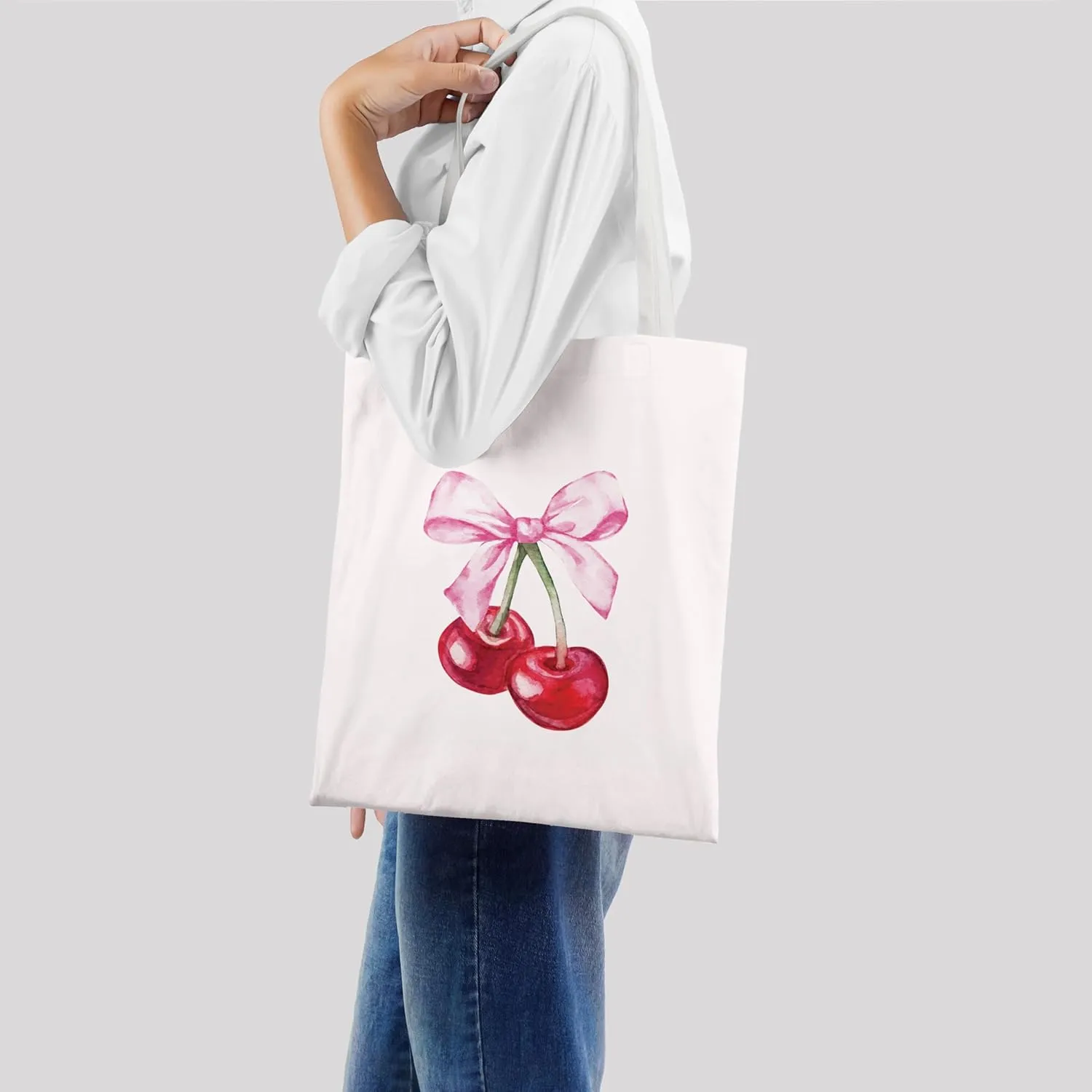 Coquette Blue Bow Tote Bag,Preppy Lucky You Cherry Canvas Tote Bag,Trendy Gifts for Women,Reusable Grocery Shopping Bags