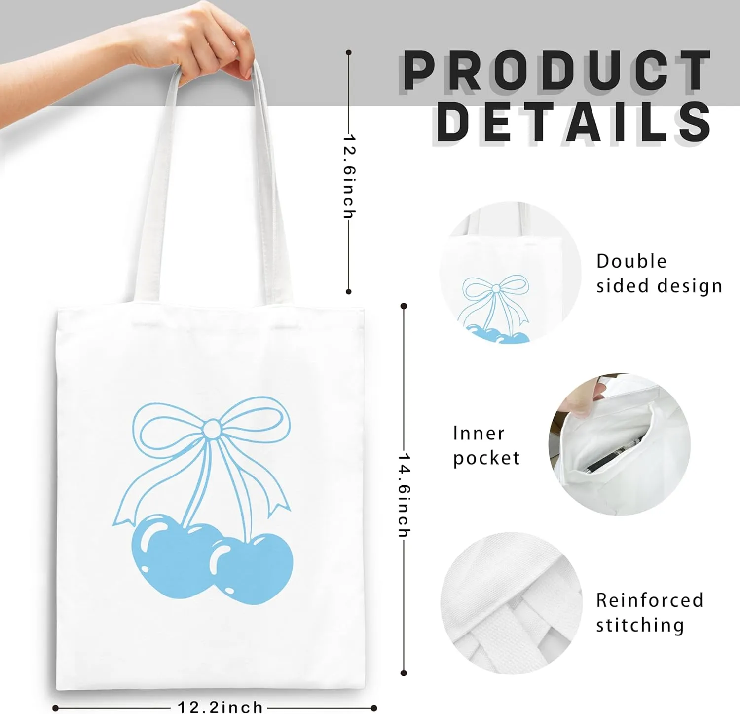 Coquette Blue Bow Tote Bag,Preppy Lucky You Cherry Canvas Tote Bag,Trendy Gifts for Women,Reusable Grocery Shopping Bags
