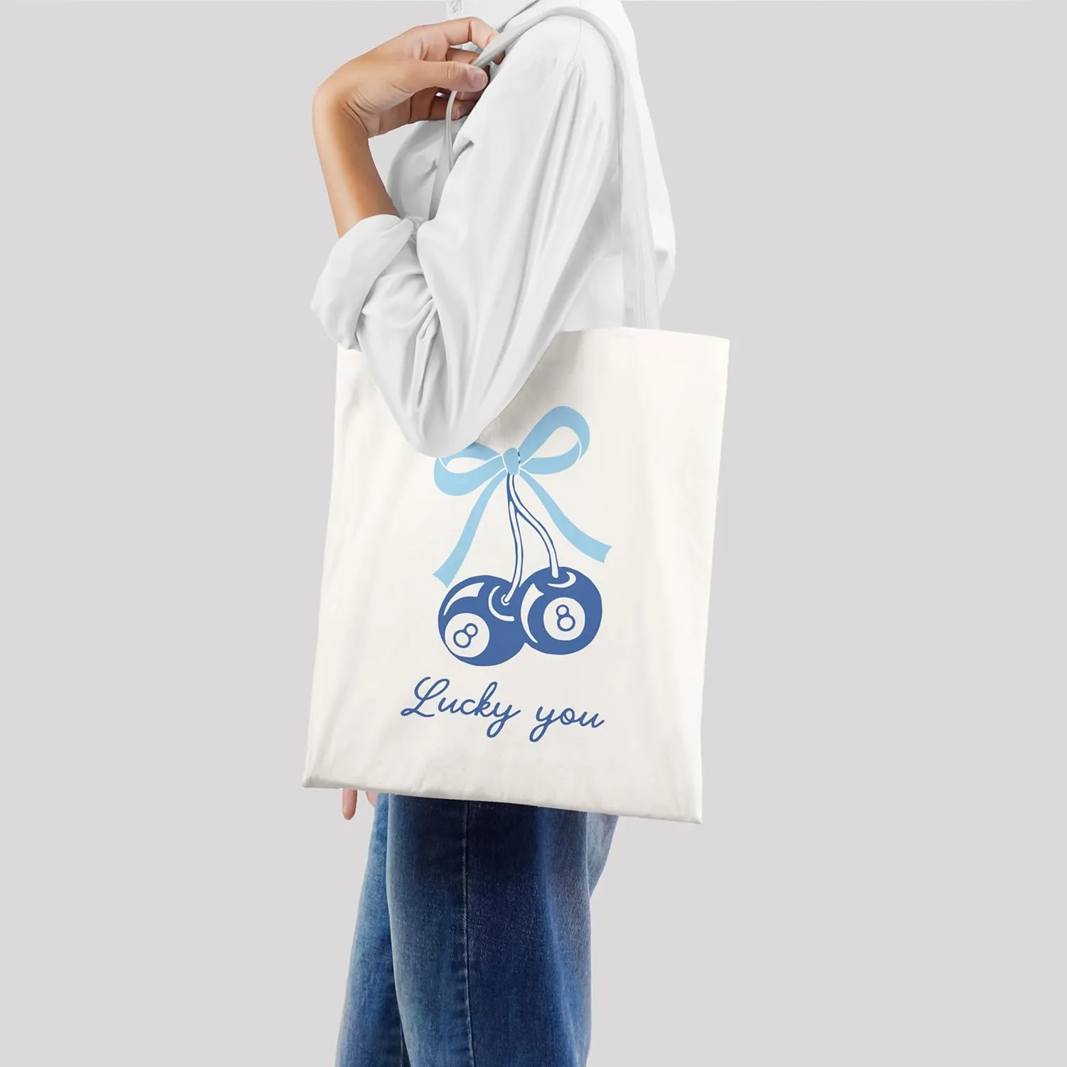 Coquette Blue Bow Tote Bag,Preppy Lucky You Cherry Canvas Tote Bag,Trendy Gifts for Women,Reusable Grocery Shopping Bags