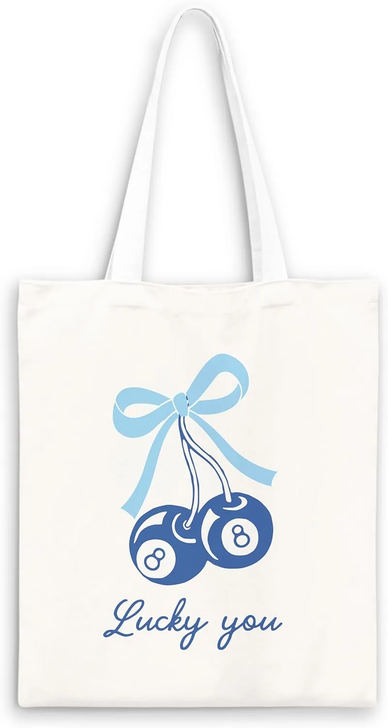 Coquette Blue Bow Tote Bag,Preppy Lucky You Cherry Canvas Tote Bag,Trendy Gifts for Women,Reusable Grocery Shopping Bags