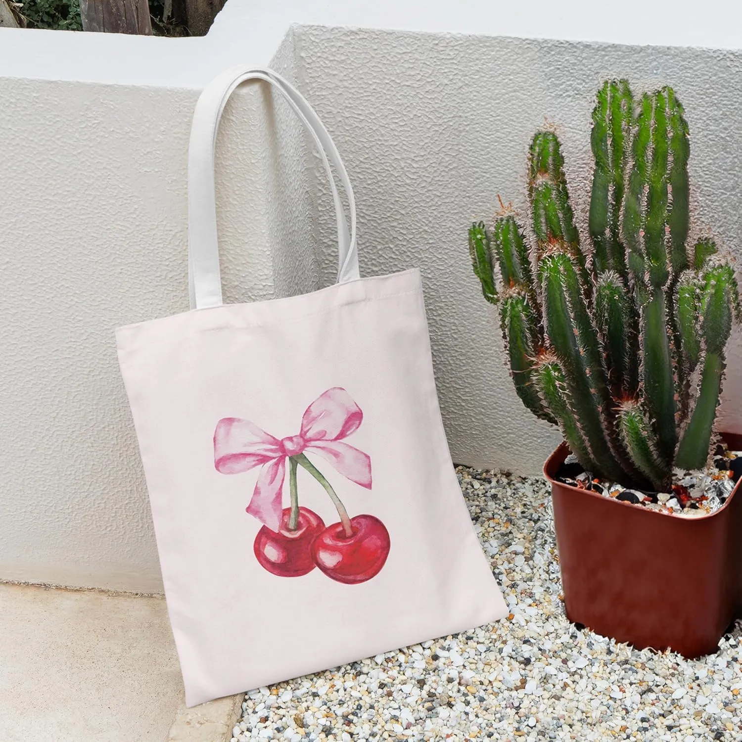 Coquette Blue Bow Tote Bag,Preppy Lucky You Cherry Canvas Tote Bag,Trendy Gifts for Women,Reusable Grocery Shopping Bags