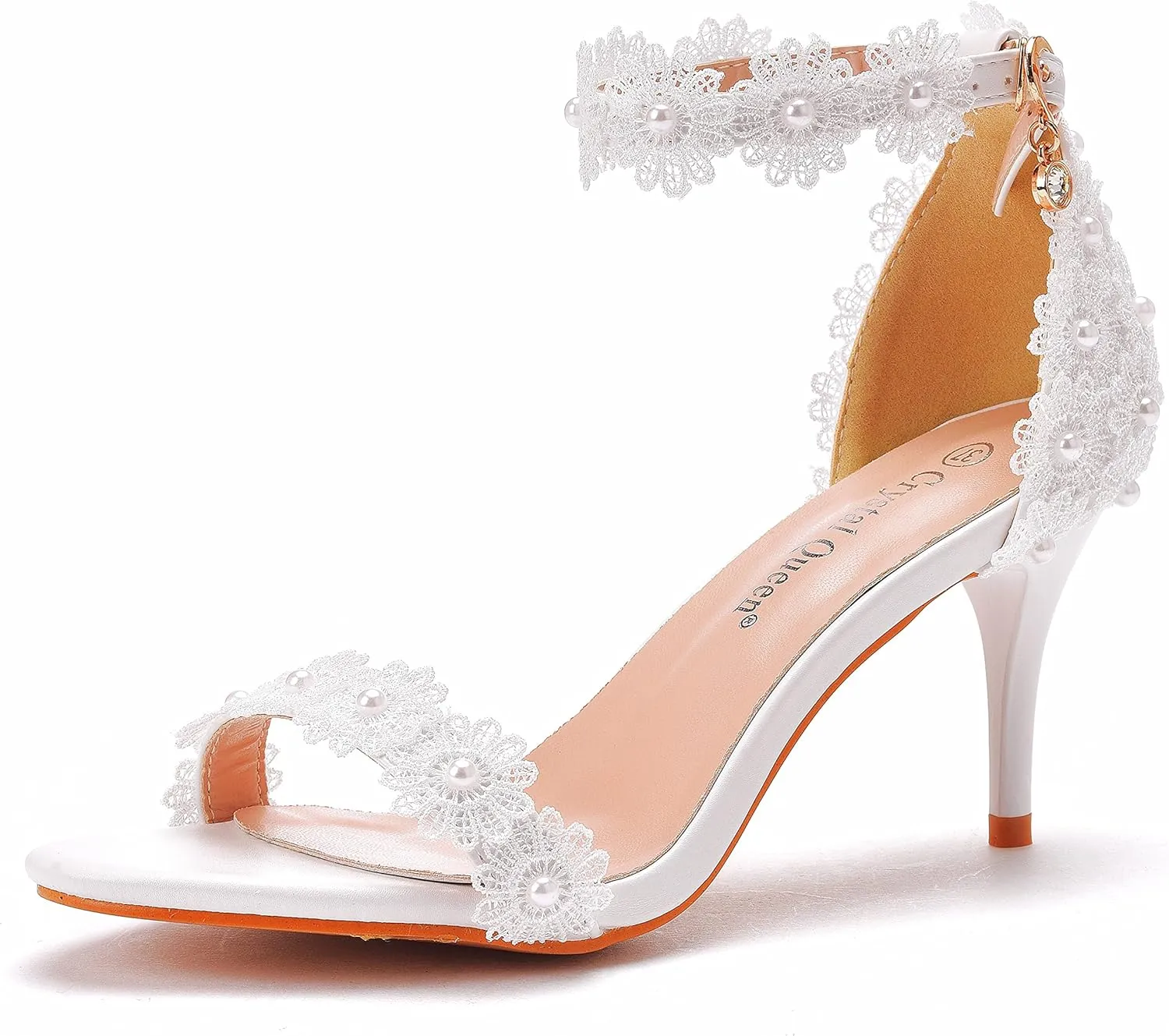 Crystal Queen Women White lace Ankle Strap High Heel Sandals Stiletto Heels Peep Toe Sandals Pump Shoes for Bride Wedding Party Evening