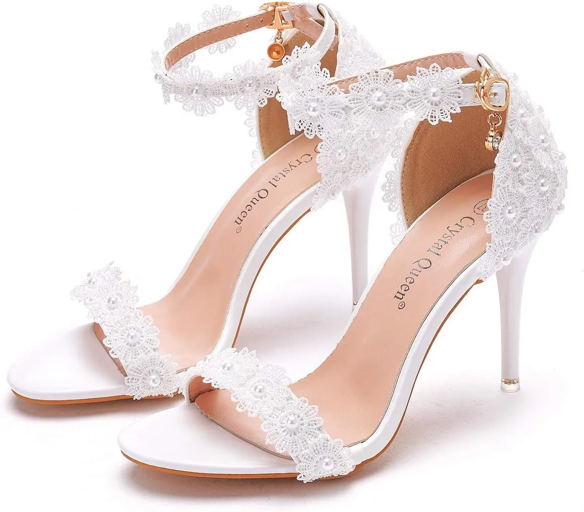 Crystal Queen Women White lace Ankle Strap High Heel Sandals Stiletto Heels Peep Toe Sandals Pump Shoes for Bride Wedding Party Evening