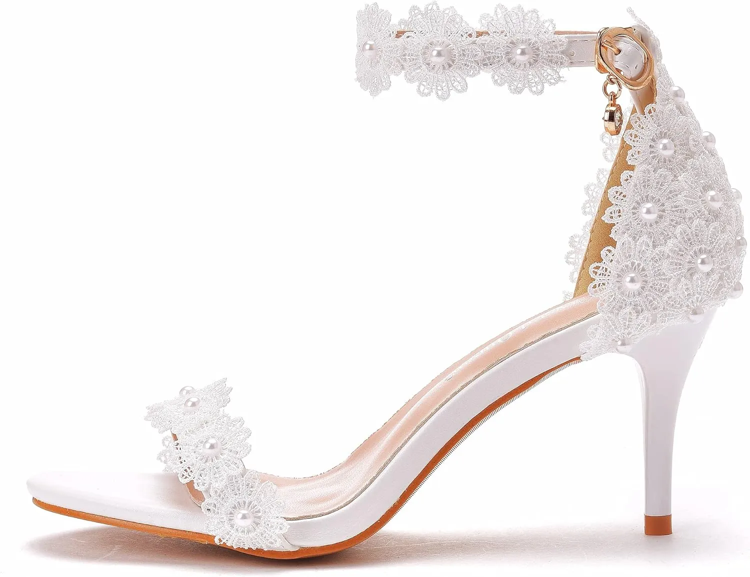 Crystal Queen Women White lace Ankle Strap High Heel Sandals Stiletto Heels Peep Toe Sandals Pump Shoes for Bride Wedding Party Evening