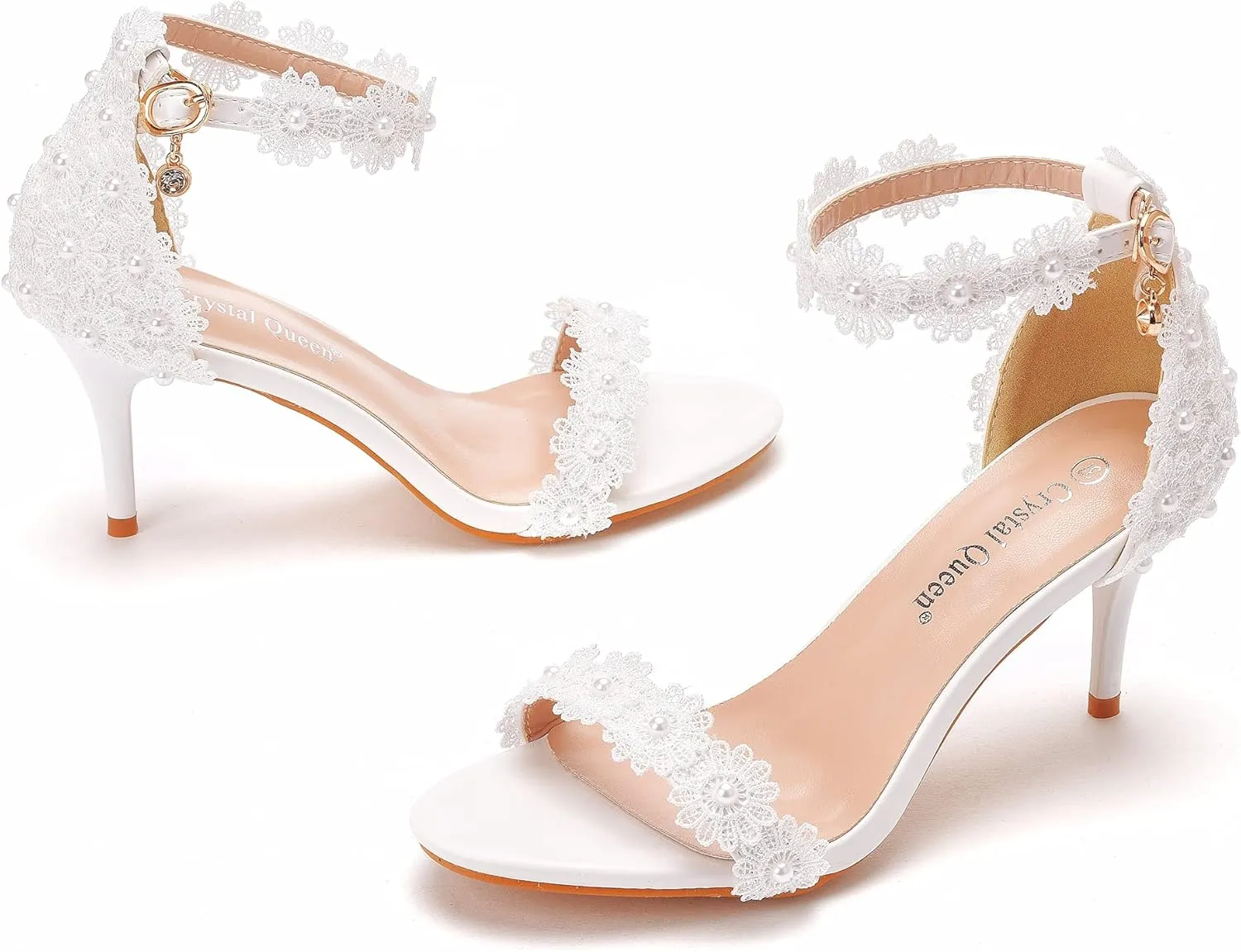 Crystal Queen Women White lace Ankle Strap High Heel Sandals Stiletto Heels Peep Toe Sandals Pump Shoes for Bride Wedding Party Evening